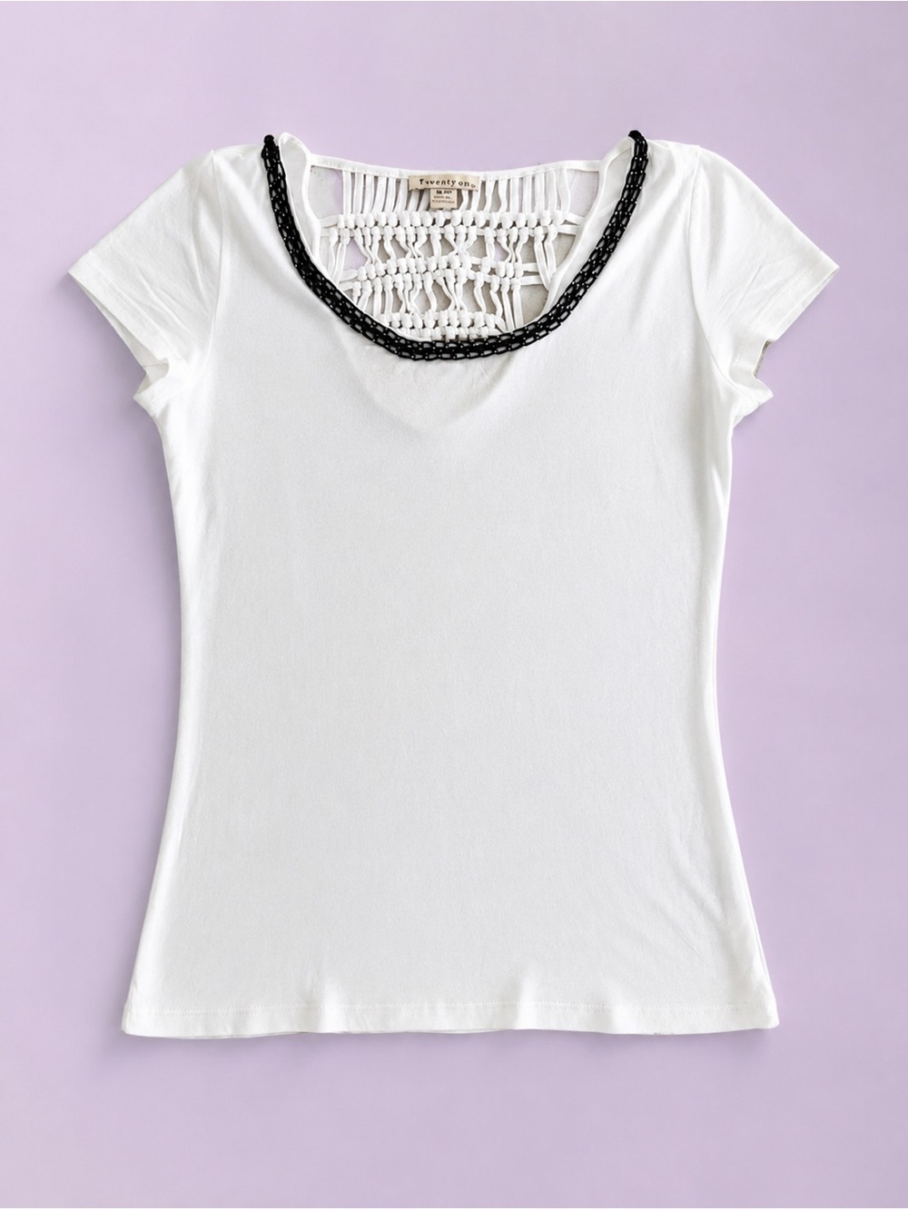 Forever 21 White Short Sleeve Top with Black Crochet Trim